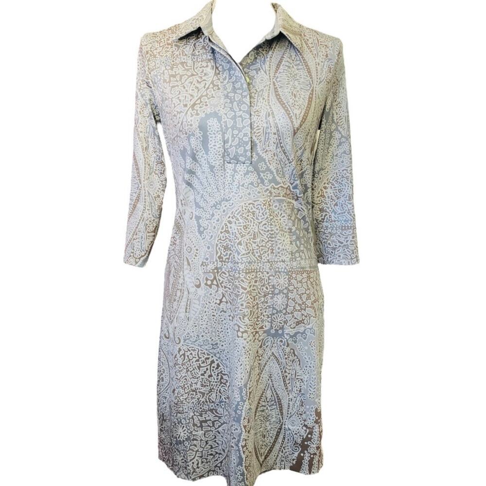 Gretchen Scott Designs Light Blue and Taupe Printed Midi Dress